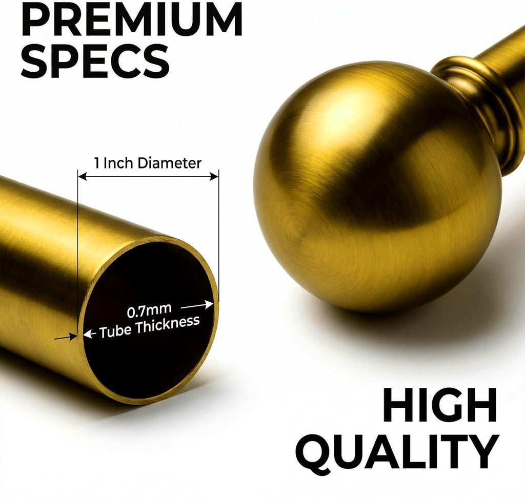 Brass Curtain Rods for Windows, 1 Inch Modern Metal Drapery Rods, Adjustable Heavy Duty Curtain Pole