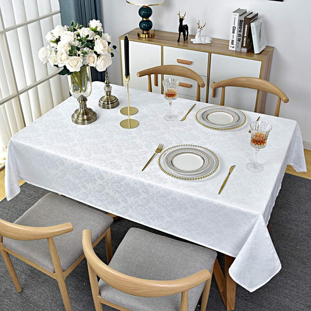 Rectangle Table Cloth - 60 x 120 Inch White Jacquard Tablecloths Damask Design Spillproof Wrinkle Re