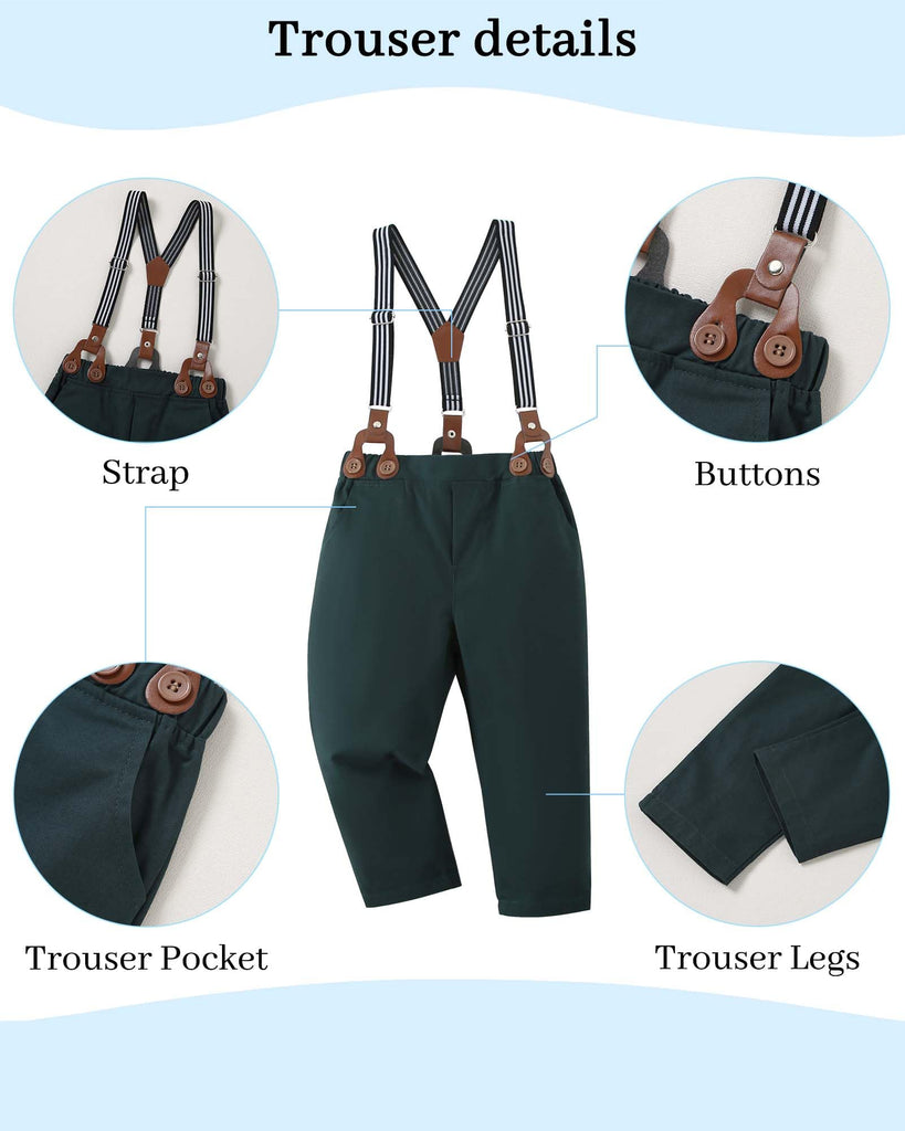 Toddler Boy Wedding Guest Outfit Short Sleeve Christmas Red Plaid Flower Dress Shirt Bow Tie Suspender Green Pants