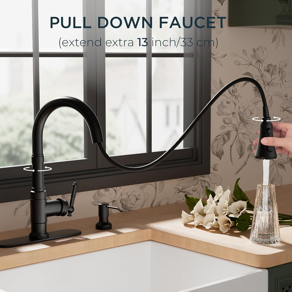 Vintage Kitchen Faucet with Soap Dispenser, Matte Black | High Arc Single Handle, Stainless Steel Sink Faucet with