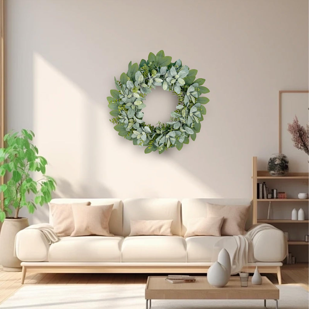 24 Inch Flocked Lambs Ear Wreath for Front Door Outside, All Season Winter Farmhouse Door Wreath, Cozy Rustic Wall &