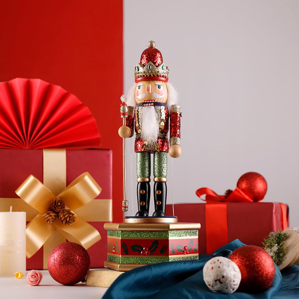 2pcs Christmas Nutcracker Music Box Wooden Nutcrackers Figurines Ornaments Solider Statue Figure Musical Box(King)