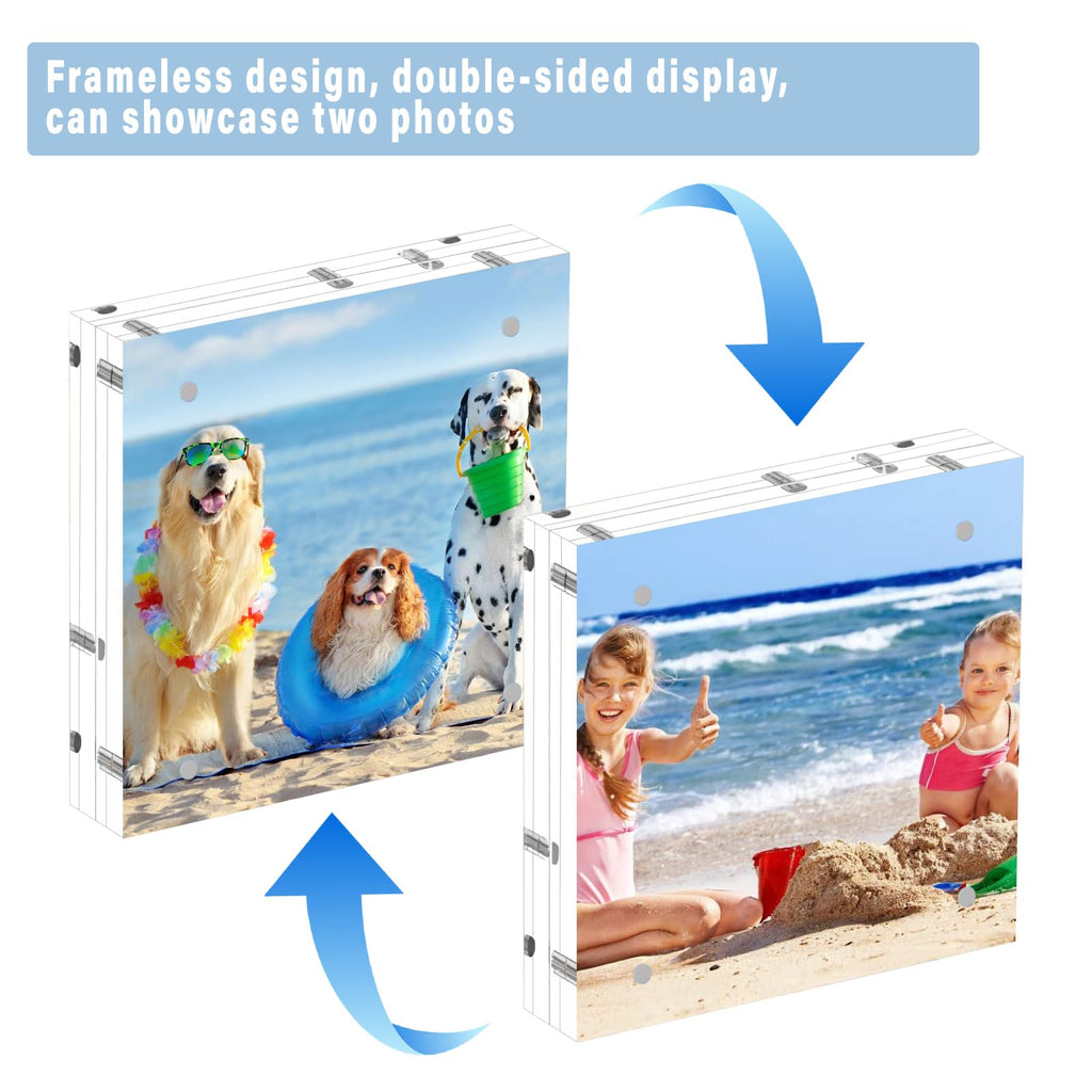 2 Pack 8x8 Acrylic Picture Frames, 24mm Thicker Square Frameless Clear Frame Double Sided Magnetic Frame, Free