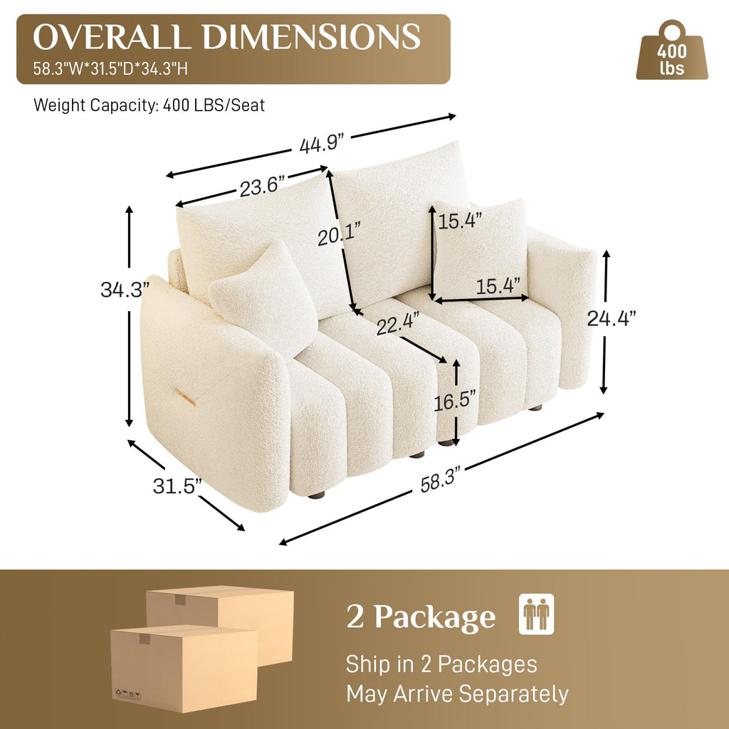 Boucle Cloud Single Loveseat, Deep Seat with Pillow, Beige White