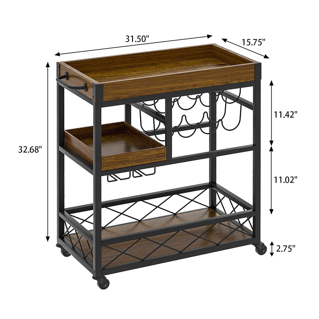 Bar Cart Industrial Mobile Kitchen Serving Carts 3 Tier Storage Trolley with Wine Rack Glasses Holder Two Portable