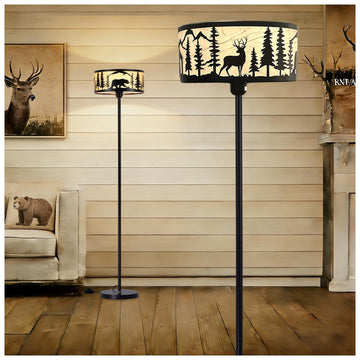 Rustic Floor Lamp, Deer Bear Forest Drum Shade Black Farmhouse Standing Light, 57.67" Metal Gothic Floor Lamp, Corner