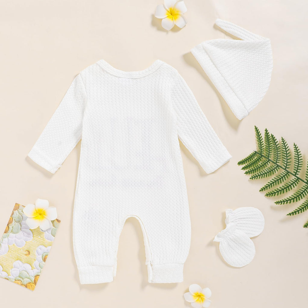 Newborn Baby Boy Romper Coming Home Outfits Letter Print Bodysuit Jumpsuit+Hat+Gloves 3PCS Clothes Set (Pure White