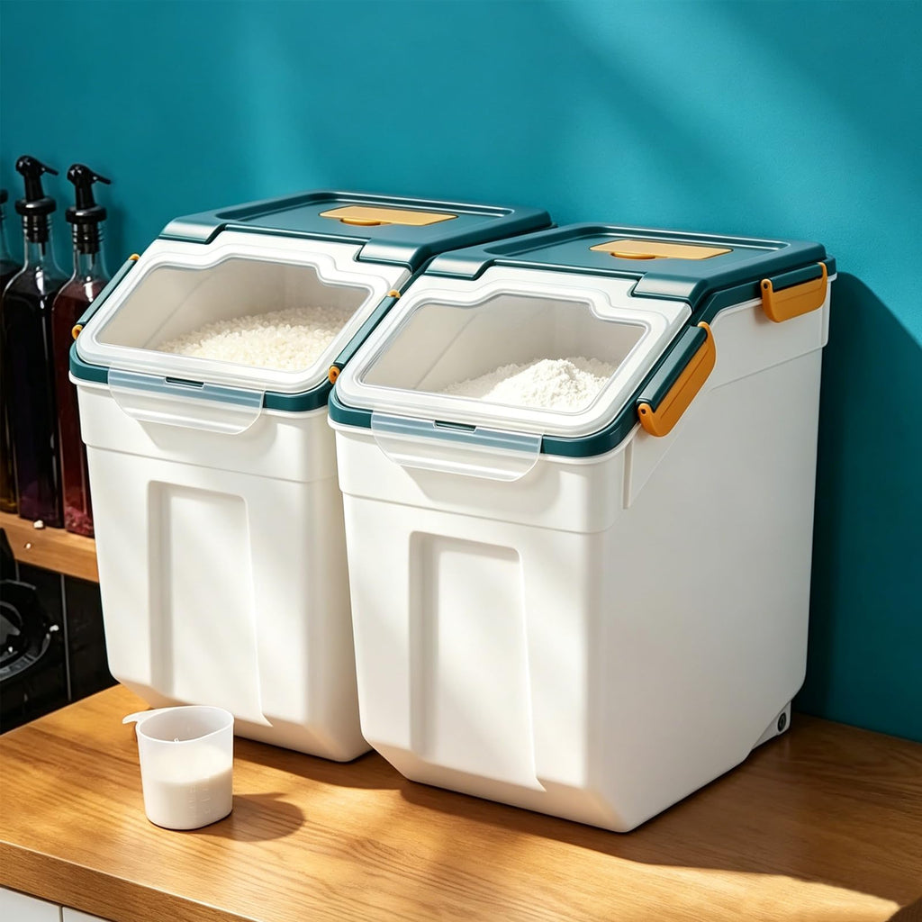 2 Pack Large Flour Storage Container 25 lb, Airtight Food Storage Bins with Wheels & Locking Lid, BPA Free Rice Grain