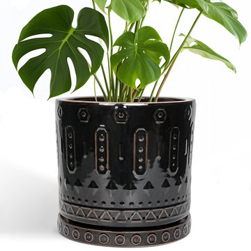 Ceramic Planter for Indoor Plants - 10 Inch Plant Pots with Drainage Hole and Saucer, Round Decorative Flower Pots