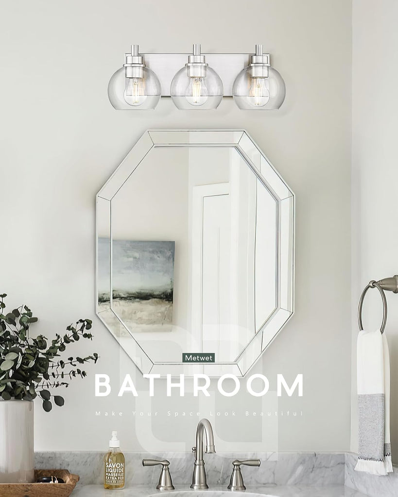 Bathroom Light Fixtures, 3-Light Brushed Nickel Vanity Light, Modern Wall Sconces with Globe Clear Glass Shade