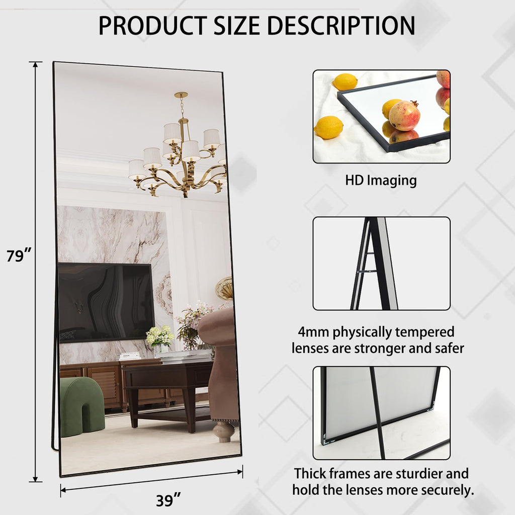 79" x 39" Full Length Mirror with Stand, Black Large Floor Mirror