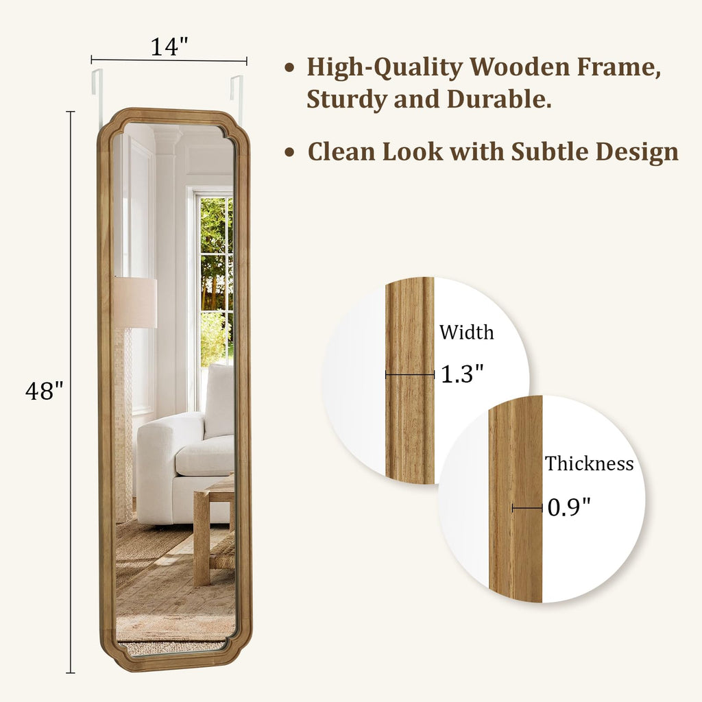 48" x 14" Full Length Door Mirror with Rustic Rounded Corner Wood Frame, Over the Door Hanging Mirror, Closet