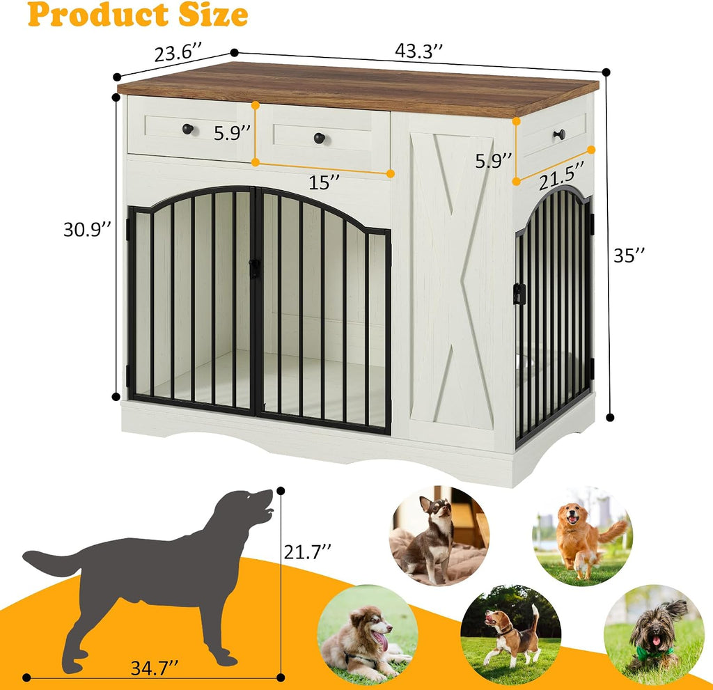 Dog Crate Furniture, Wooden Dog Kennel with 3 Drawers, Beige