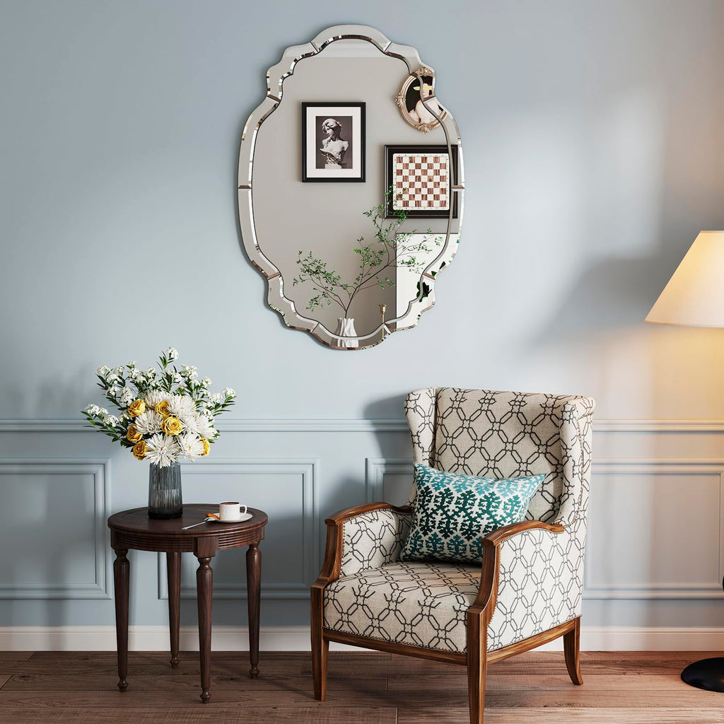 Modern Decorative Wall Mirror, 36'' x 24'' Scalloped Mirror with Beveled Glass Pieces, Large Wall Mirror, Mantel