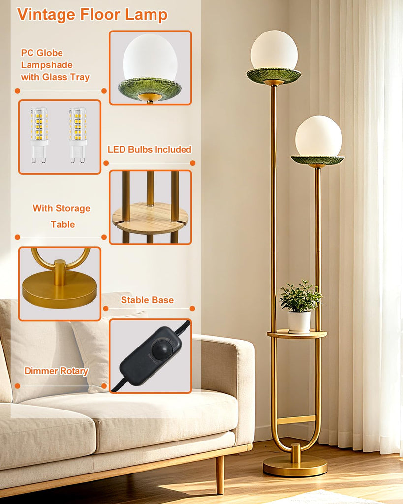 2-Globe Gold Floor Lamp Dimmable with Green Glass Tray Tall Lamp