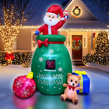 7ft Christmas Inflatables Santa Gift Bag with LED Countdown Decorations Built-in LED Lighted Blow Up Decoration Home