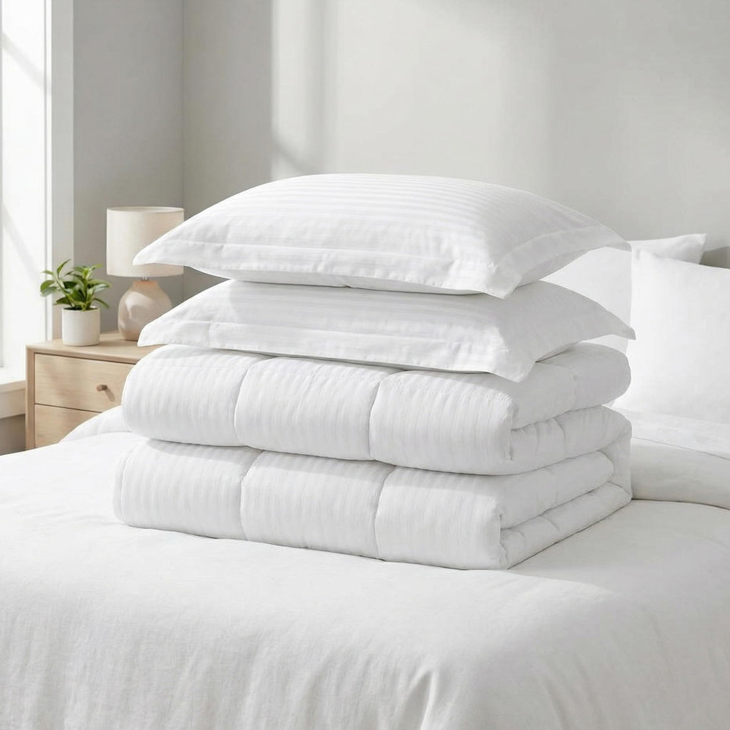 Premium Hotel Quality 100% Egyptian Cotton, 3-Piece Stripe Down Alternative Cotton Comforter Set - Box Stitched