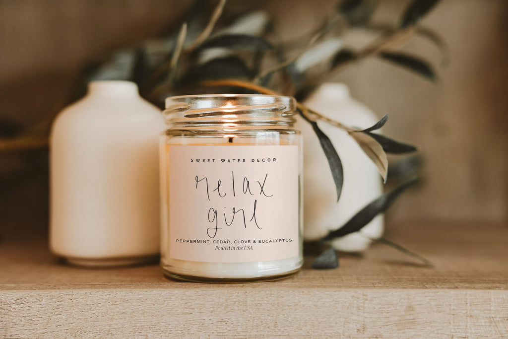 Relax Girl, Peppermint, Cedar, Clove, and Eucalyptus Scented Soy Wax Candle | 9oz Clear Jar, 40 Hour Burn Time, Non
