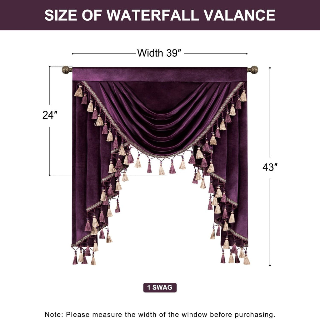 Vintage Style Waterfall Valances, Luxury Dark Purple Velvet Valances with Handmade Tassels, Decorative Solid Window