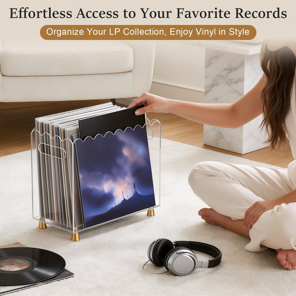 Acrylic Vinyl Record Holder, Vinyl Record Storage with Luxe Gold Metal Feet and Scalloped Edge Design, Portable