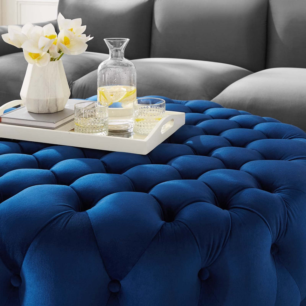 Amour Tufted Button Large Round Performance Velvet Ottoman in Navy