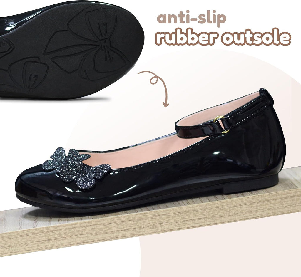 Girls Dress Shoes Butterfly Mary Janes for Girls Hook and Loop Party Wedding Flats Shoes