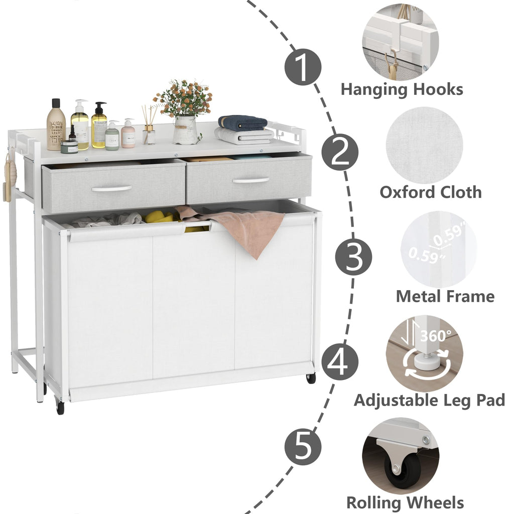 Laundry Hamper Laundry Basket with 3 Section Pull-Out Rolling Bags, Laundry Sorter for Organization and Storage with