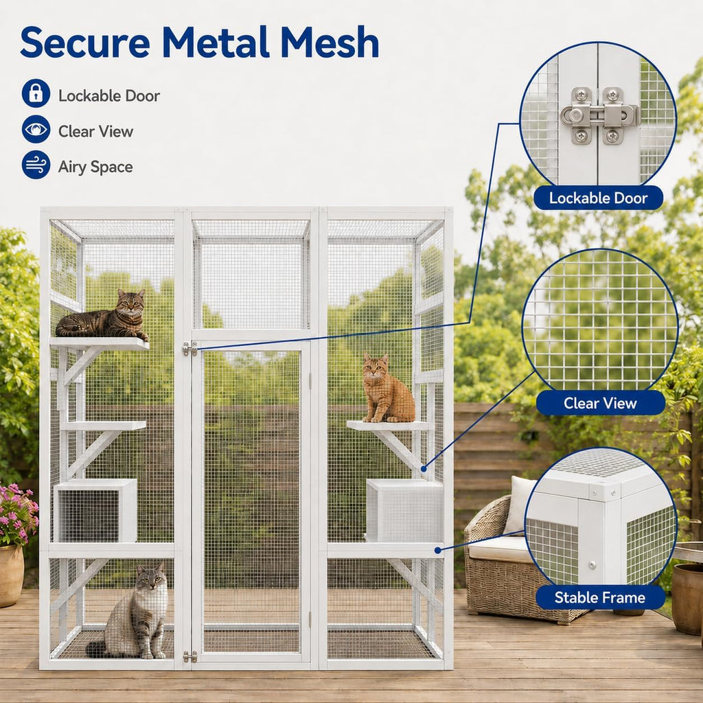 70" Large Outdoor Catio Cat Enclosure, Wood Cat Patio with Waterproof UV-Resistant Roof, Cats Shelter with 5