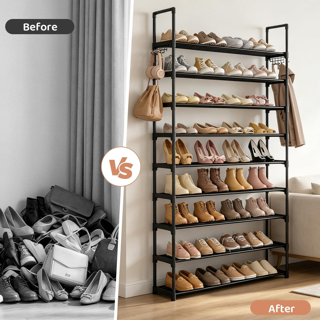 Shoe Rack 10-Tiers Large Capacity Metal Shoe Rack Organizer with Two Hooks Holds Shoes and Boots Free Standing Tall