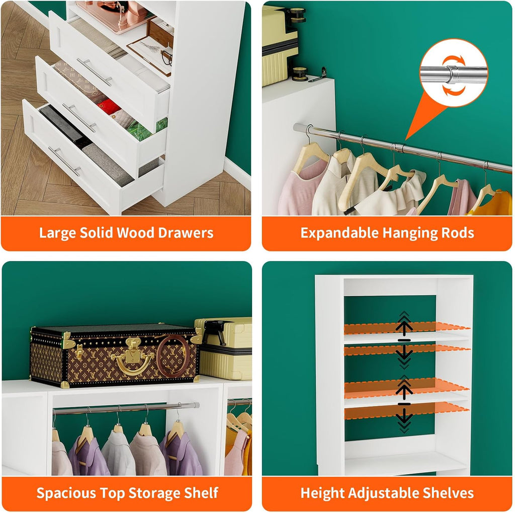 Closet System of 3 Sets, 6-15FT Closet Organizer System Wood with 3 Drawers & 7 Shelves, Walk in Closet Organizer