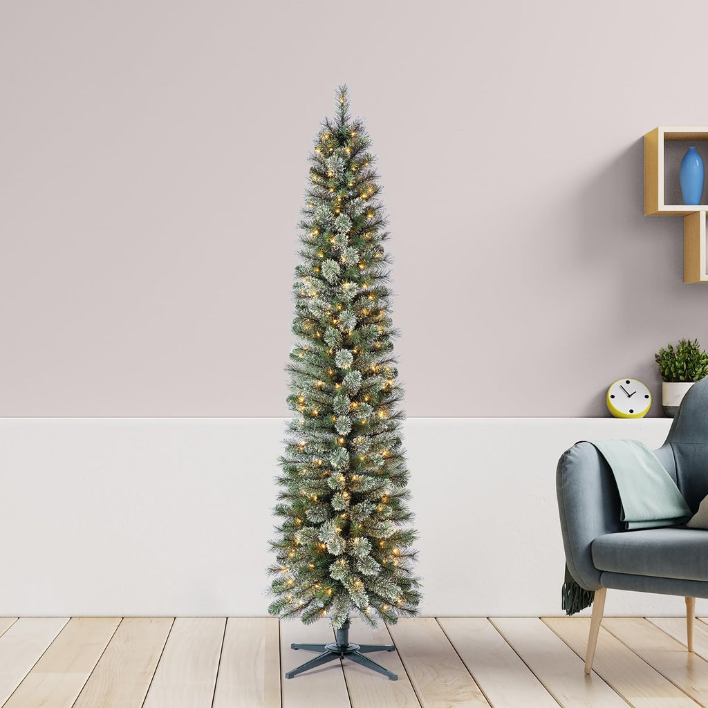 Stanley 7ft Pre-Lit Slim Pencil Christmas Tree, 350 Lights | Artificial Pine Tree with White Incandescent Lights and