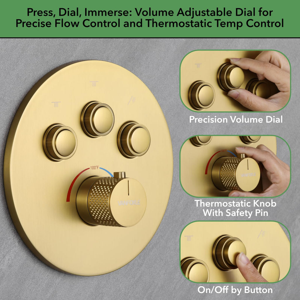 Thermostatic Shower Faucet Set Brushed Gold Shower System
