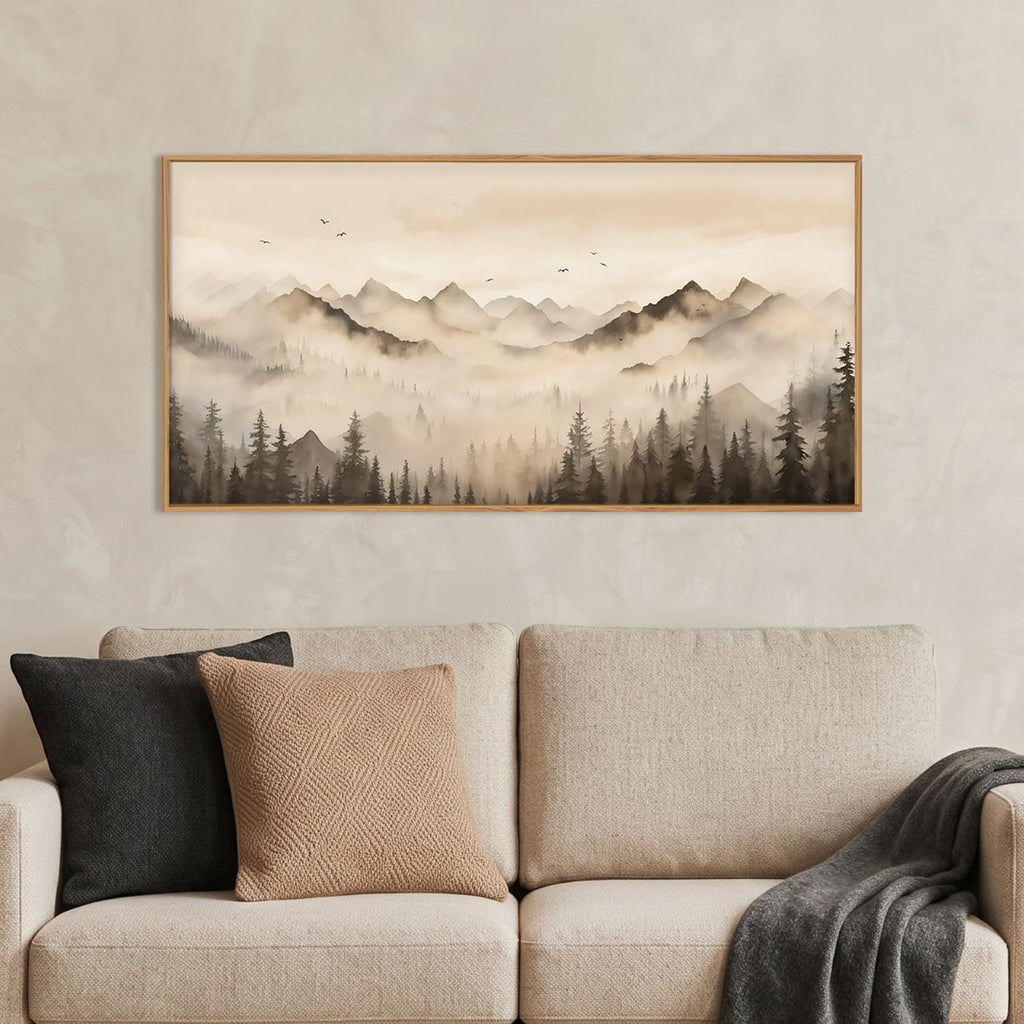 Neutral Misty Mountain Forest Framed Canvas Wall Art Set,Nature Foggy Pine Tree Landscape Wall Decor,Watercolor Beige