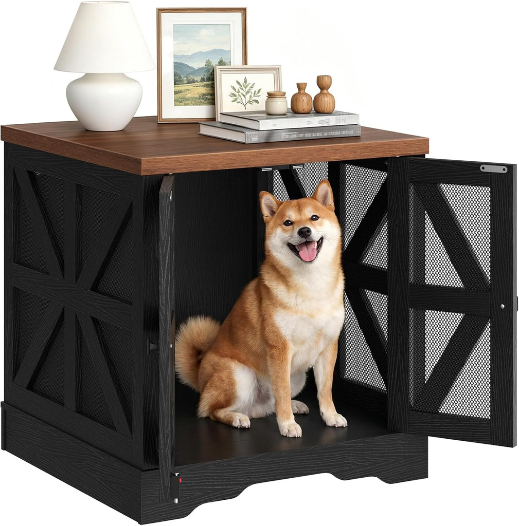 Dog Crate Furniture for Small to Medium Dogs, Dog Kennel Indoor with Barn Doors, Pet Cage Side End Table, Black