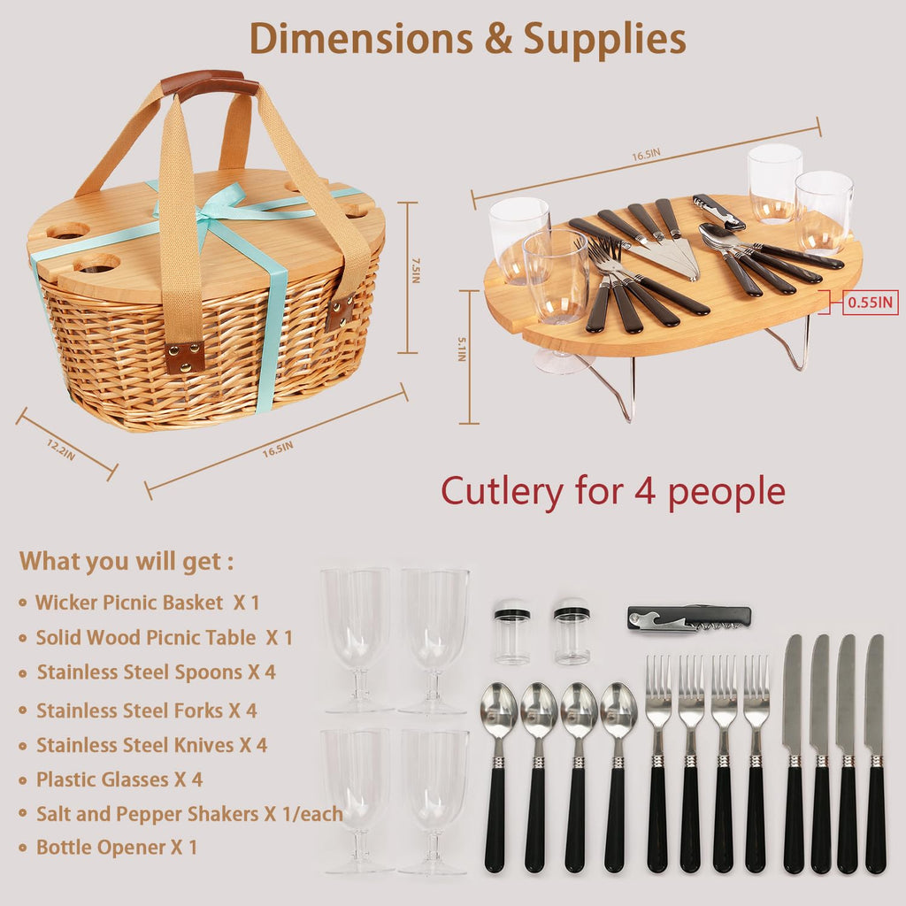 Wicker Picnic Basket Set for 4 with Mini Folding Wine Picnic Table & Large Insulated Cooler Bag & Cutlery Service