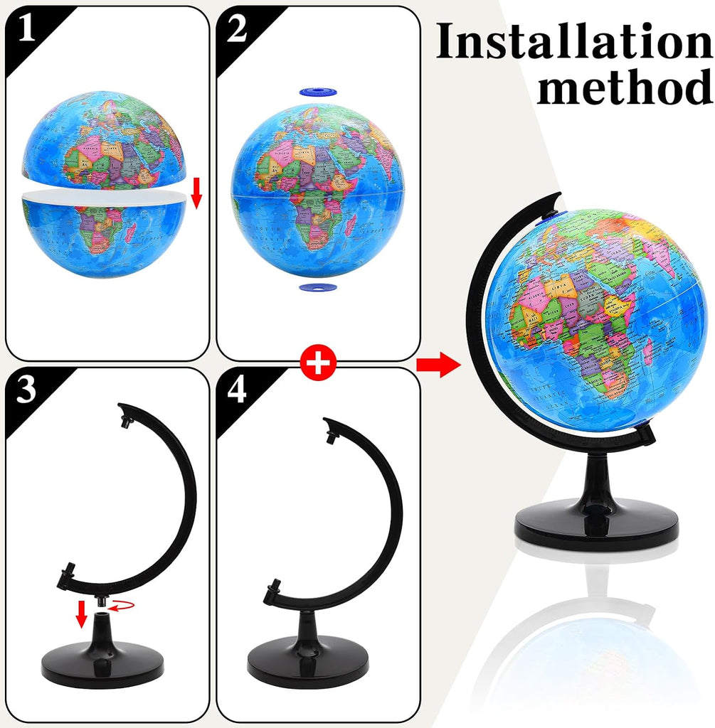 World Globe for Kids Learning, 8 inch Interactive Spinning Earth Globe for Children with Stand, Self-Assembled World