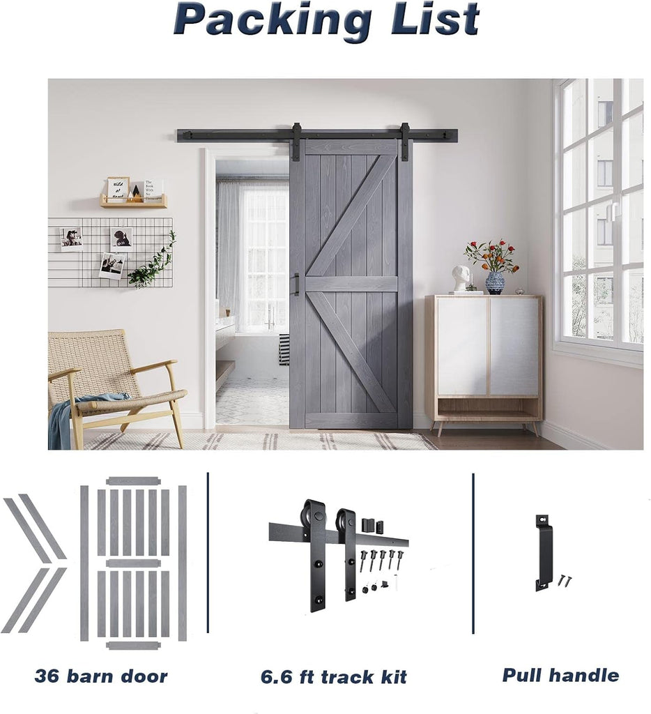 36in x 84in Gray Wood Barn Door Slab with 6.6ft (79inch) Barn Door Hardware Track Kit Included, Doub
