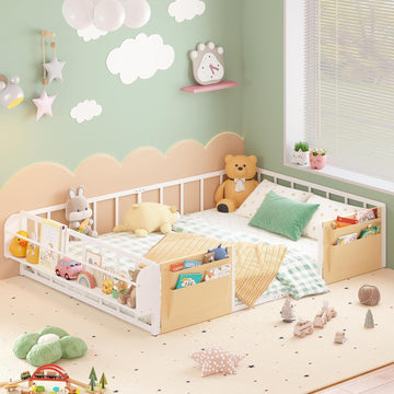 Floor Bed for Kids with Safety Guardrails, Montessori Bed White