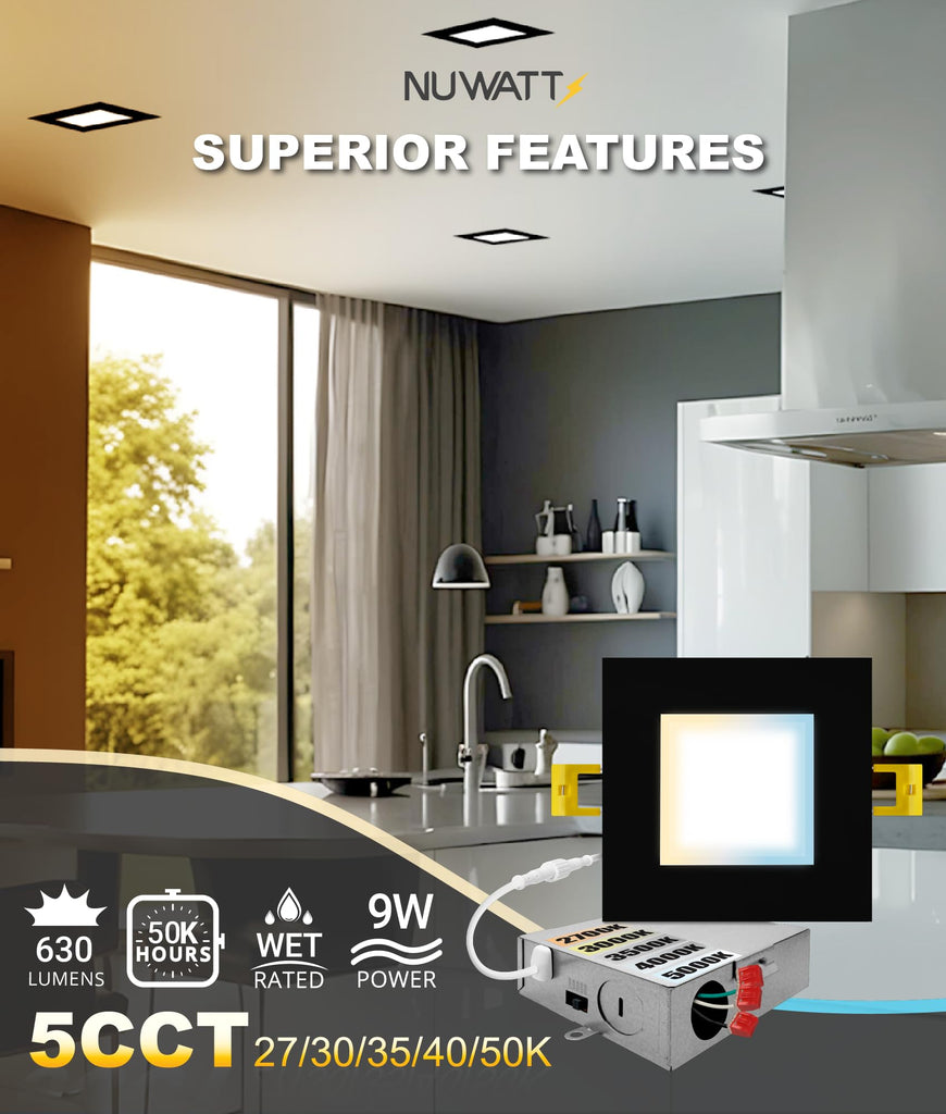 Black 4 Inch Square LED Recessed Lighting 2700K-5000K, ETL, 6 Pack