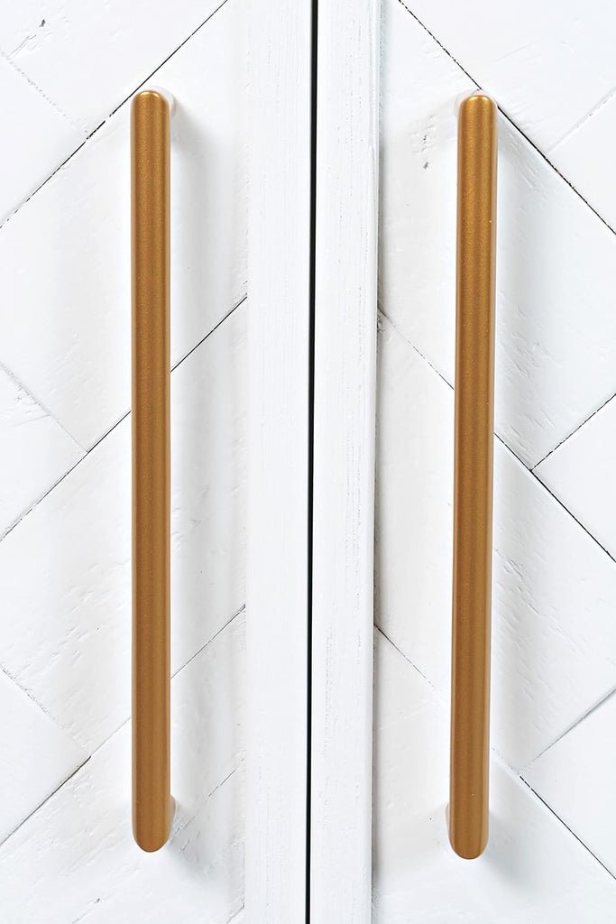 Accent Chest with Two Doors, Acacia Wood Chevron Cabinet Entryway, Mid-Century Modern Storage Sideboard, Blanc White