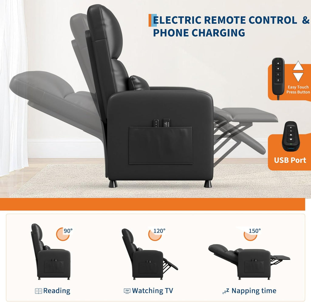 Power Recliner Chair with Massage and Heat, Adjustable Electric Recliner Ergonomic Overstuffed PU Leather Single