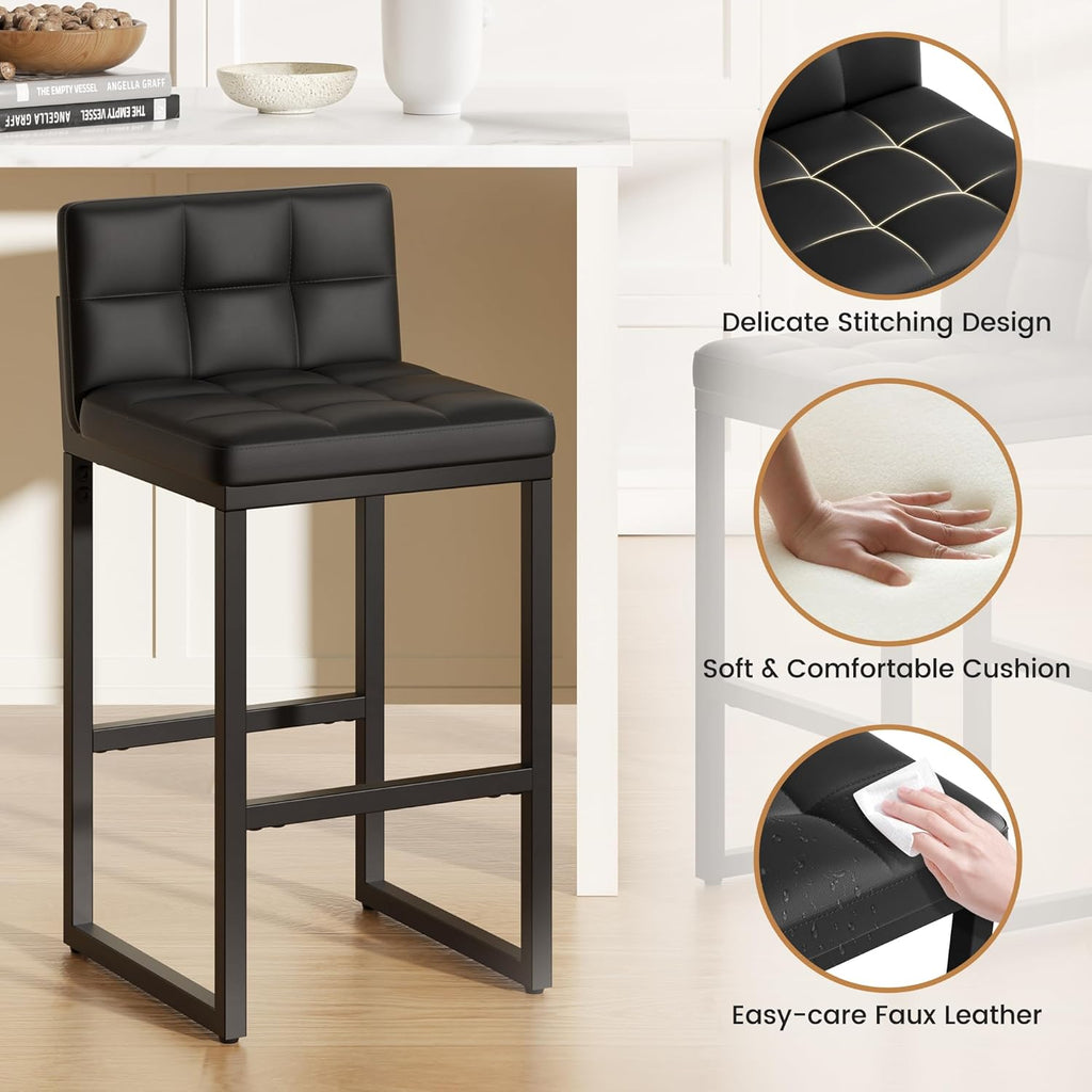 24" Bar Stools Set of 2, Modern Faux Leather Counter Height Bar Stools with Low Back and Footrest, Sturdy Thickened