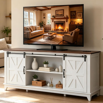 TV Stand & Entertainment Center for 75" TV, Barn Doors, White, 66"
