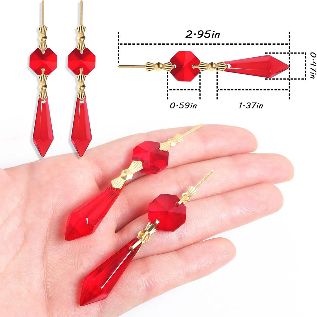 20pcs Red Crystals Prisms Glass Tip Beads Replacement Chandelier Icicle Drop Pendants Octagon Crystal Beads Gold Pins