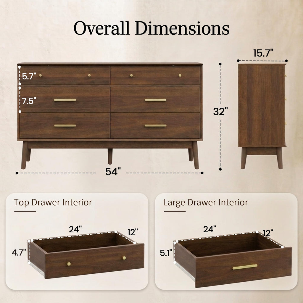 Mid Century Modern 6 Drawer Dresser, 54" W, Dark Walnut