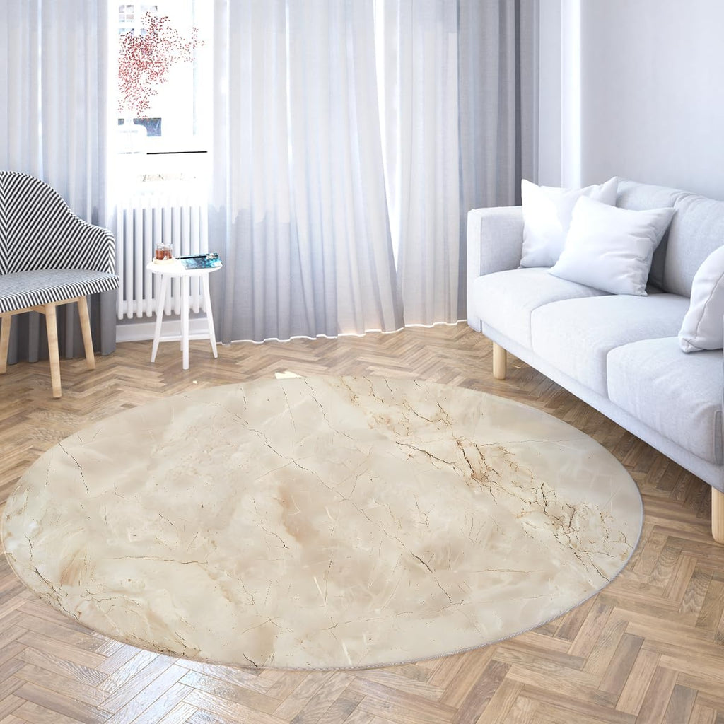 Scandi Washable Round Rug Non-Slip Neutral Stone Cracks Veins Circle Accent Rugs Modern Marble Beige 4ft