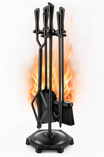 5 Pcs Fireplace Tools Set 32" Black Wrought Iron Large Fire Tool Set for Outdoor/Indoor Include Chimney Poker, Rustic