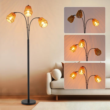 Vintage Black Arc Floor Lamp with Rotatable Arms & Rattan Lampshade, 3-Light Mode Rotary Switch Adjustable, 72.5''