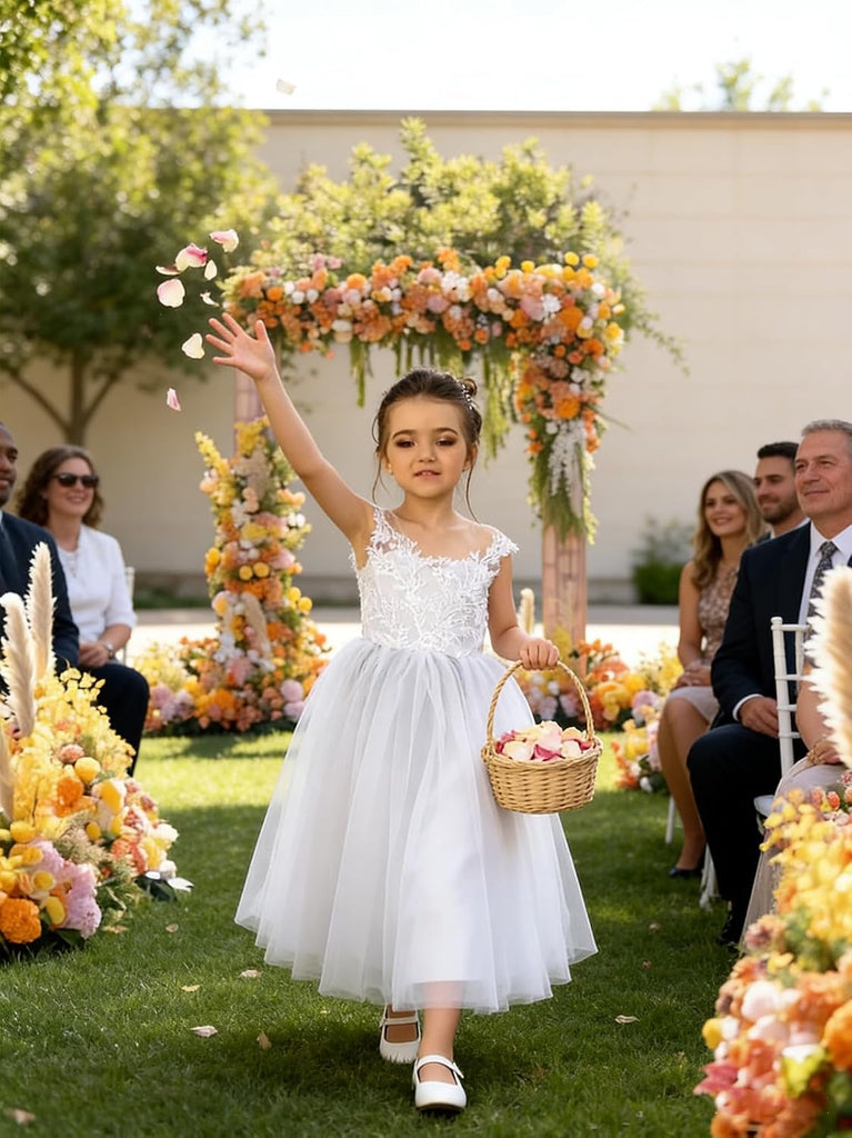 Lace Applique Tulle Flower Girl Dress for Wedding Sleeveless Long Satin Bow Knot V-Back Elegant Formal Dresses