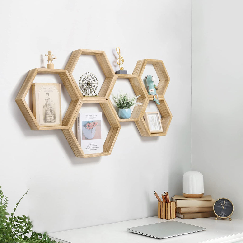Hexagon Floating Shelves Set of 6, Honeycomb Wall Shelf, Light Brown